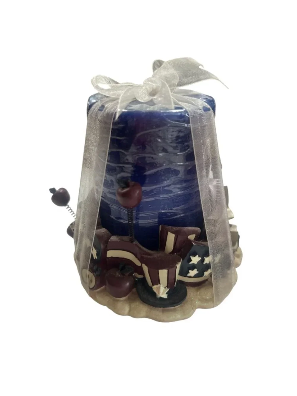 Patriotic Red & Blue Decorative Candles With Star & Flag Accents Wrapped In Shee